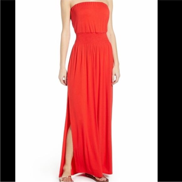 🔥 BP. Strapless Red Maxi Dress | Smocked Waist | Side Slit | Size Small - Picture 1 of 4